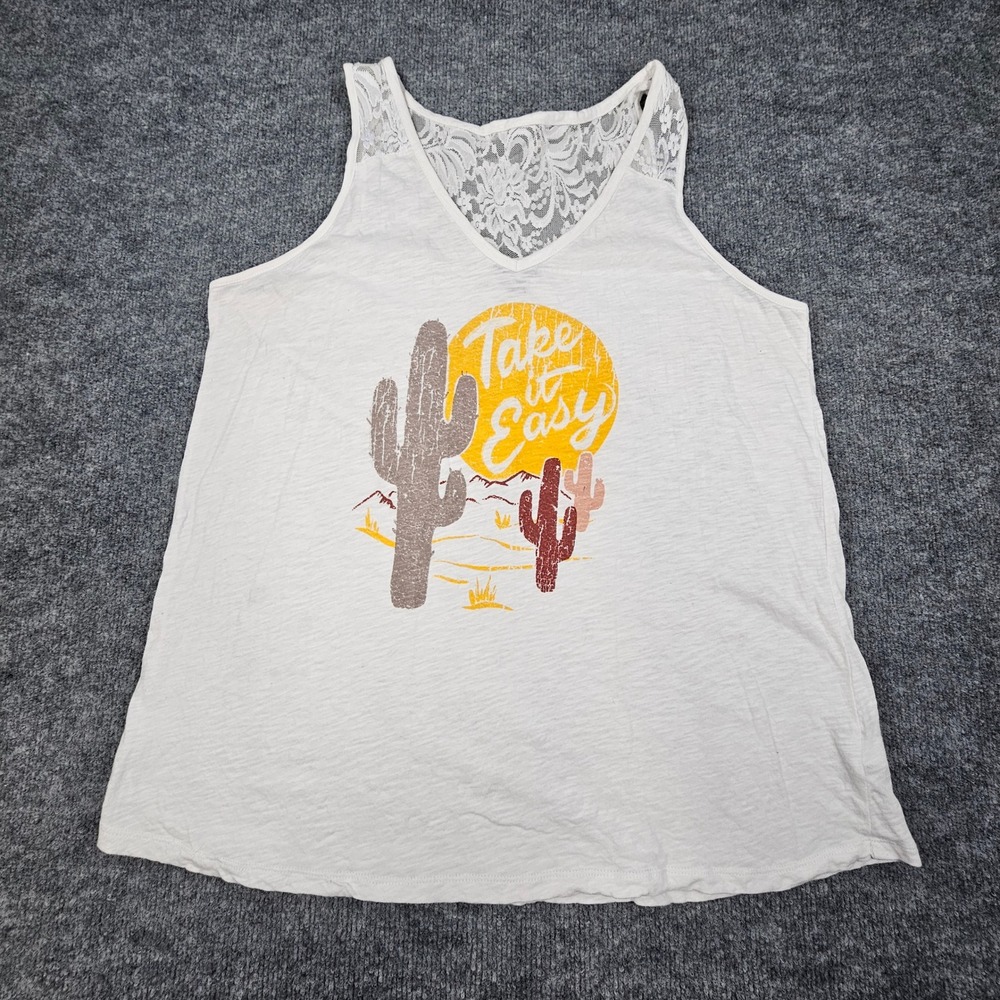 Torrid Tank Top 0 Large White Lace Yokes Take It Easy Cactus Graphic Slub Cotton